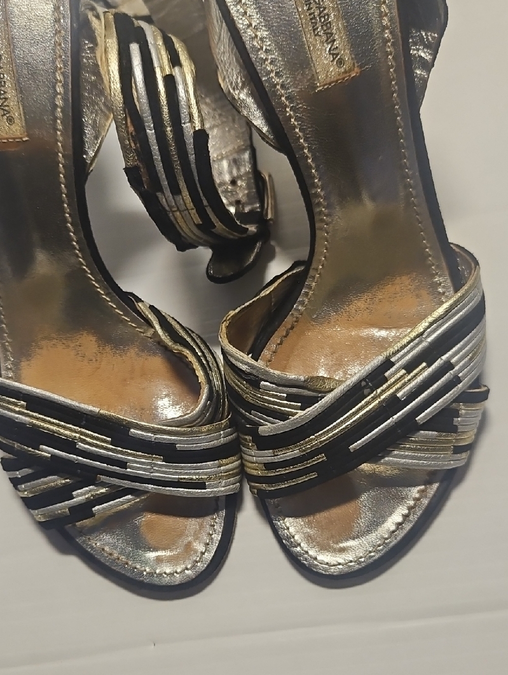 Dolce & Gabbana Black Silver Leather Colorblock Criss-Cross Heeled Sandals Sz 38 - Picture 11 of 11